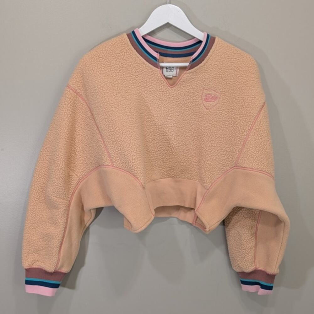 BDG Urban Outfitters Peach Fleece Cropped Pullover Striped Trim Preppy - Size S